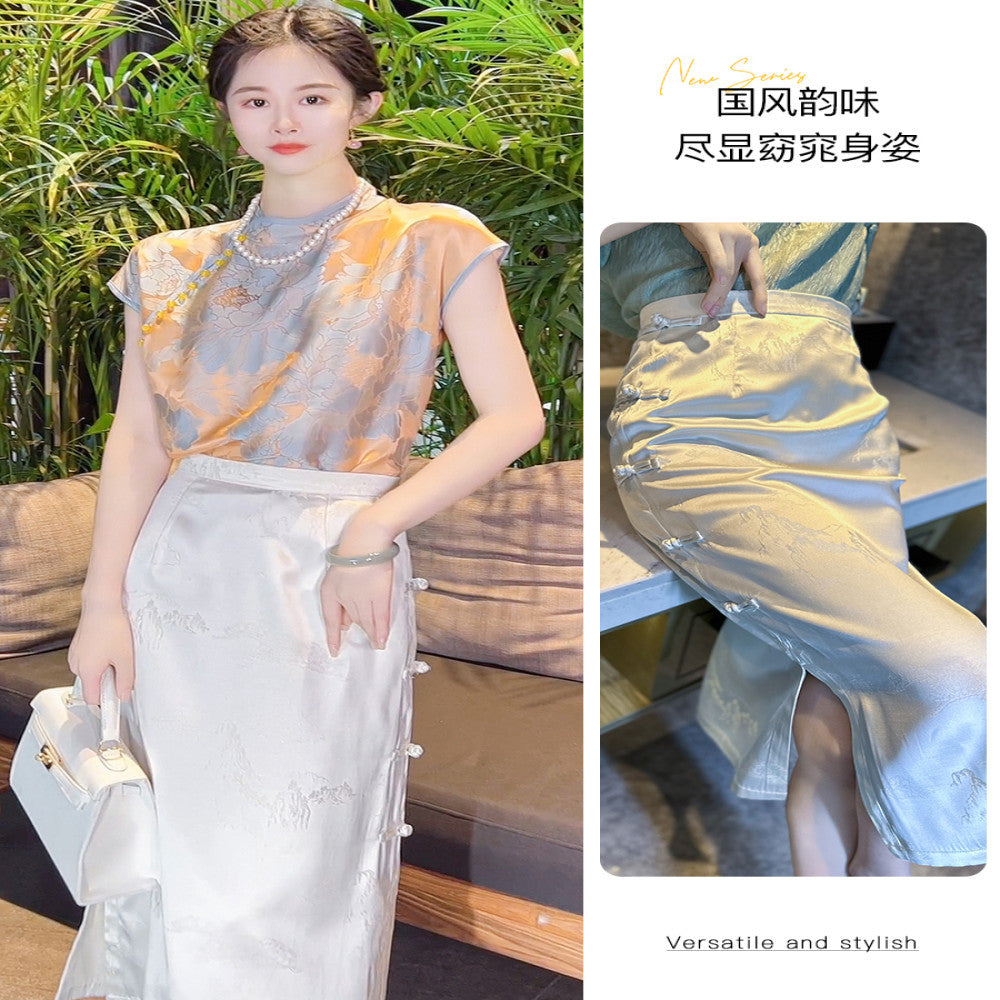 ASAYA2975 Camellia jacquard new Chinese style women’s clothing light short-sleeved top * JACKET ONLY , NO SKIRT (SILK MATERIAL)