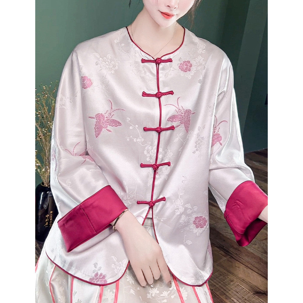 ASAYA2974 Golden Satin Butterfly Love Flower Caramel Color New Chinese Style Women’s National Style Jacket *JACKET ONLY , NO SKIRT (SILK MATERIAL)