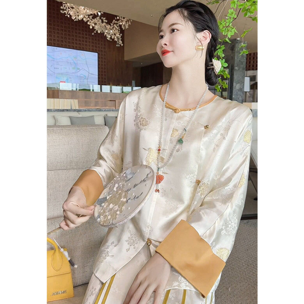 ASAYA2974 Golden Satin Butterfly Love Flower Caramel Color New Chinese Style Women’s National Style Jacket *JACKET ONLY , NO SKIRT (SILK MATERIAL)