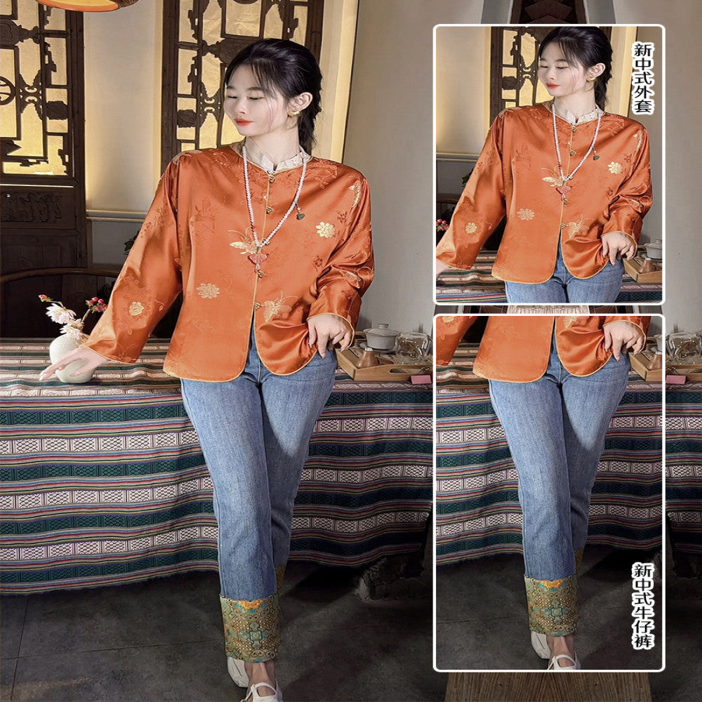 ASAYA2974 Golden Satin Butterfly Love Flower Caramel Color New Chinese Style Women’s National Style Jacket *JACKET ONLY , NO SKIRT (SILK MATERIAL)