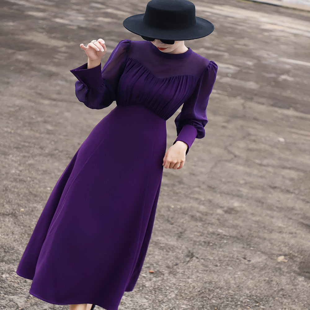 Lanser s 2025 autumn new style elegant and high end style stand collar lace up long sleeved waist cinched solid color dress for women image 3