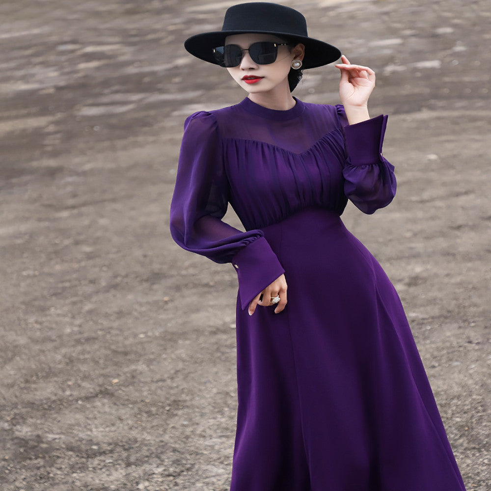 Lanser s 2025 autumn new style elegant and high end style stand collar lace up long sleeved waist cinched solid color dress for women image 4