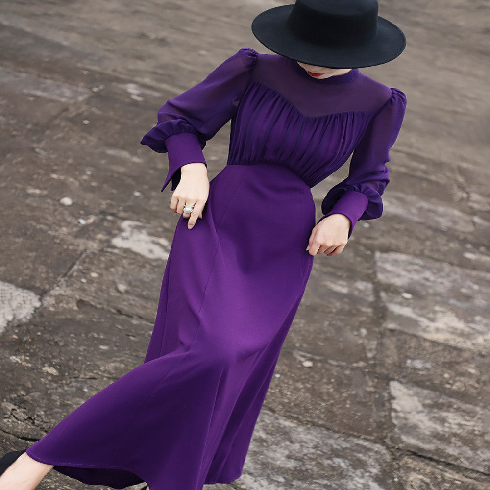 Lanser s 2025 autumn new style elegant and high end style stand collar lace up long sleeved waist cinched solid color dress for women image 5