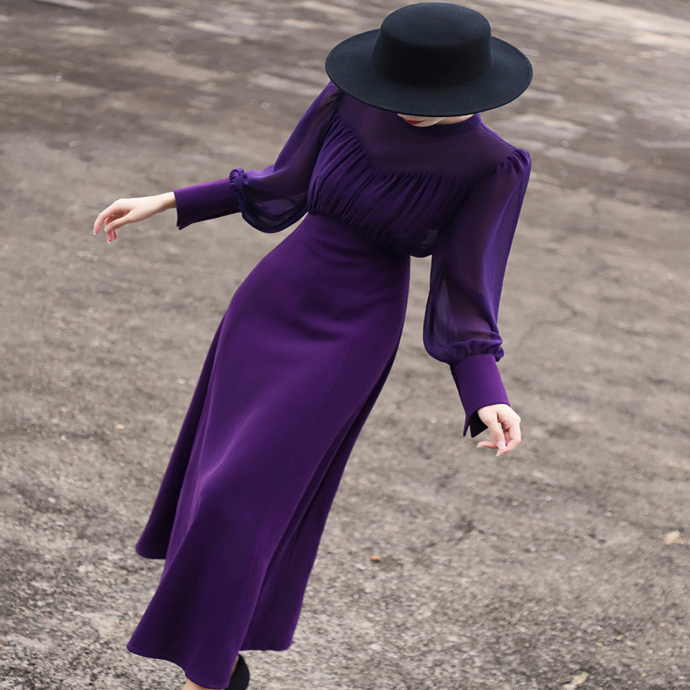 Lanser s 2025 autumn new style elegant and high end style stand collar lace up long sleeved waist cinched solid color dress for women image 0
