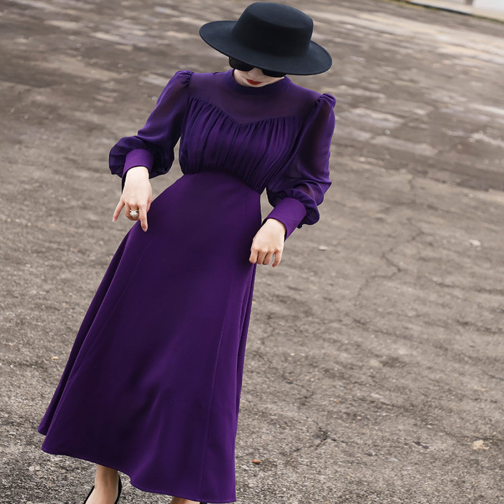 ASAYA2973 Elegant stand-up collar strapped long-sleeved waist solid color dress