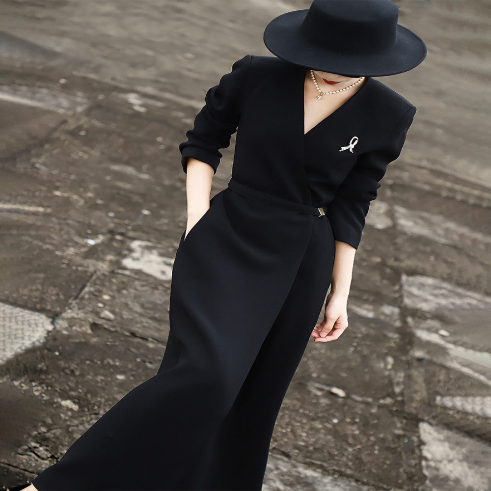 Lanser 2025 Autumn New Style High End Temperament Commuter Look Thin V neck Acetate Black Suit Dress for Women image 2