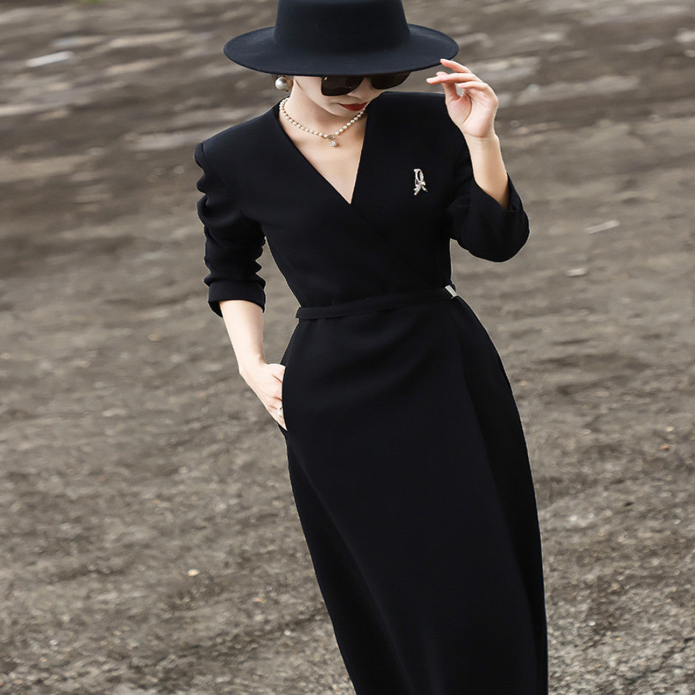 Lanser 2025 Autumn New Style High End Temperament Commuter Look Thin V neck Acetate Black Suit Dress for Women image 4
