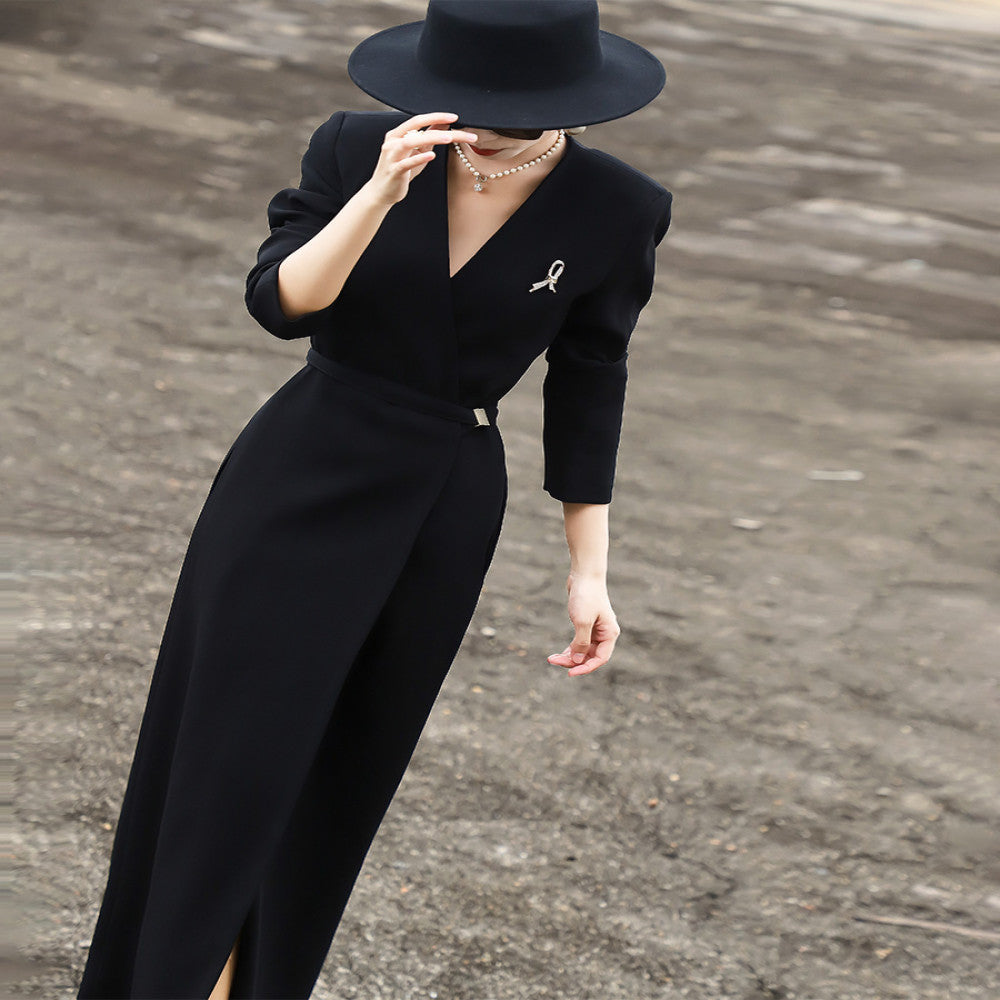 Lanser 2025 Autumn New Style High End Temperament Commuter Look Thin V neck Acetate Black Suit Dress for Women image 5