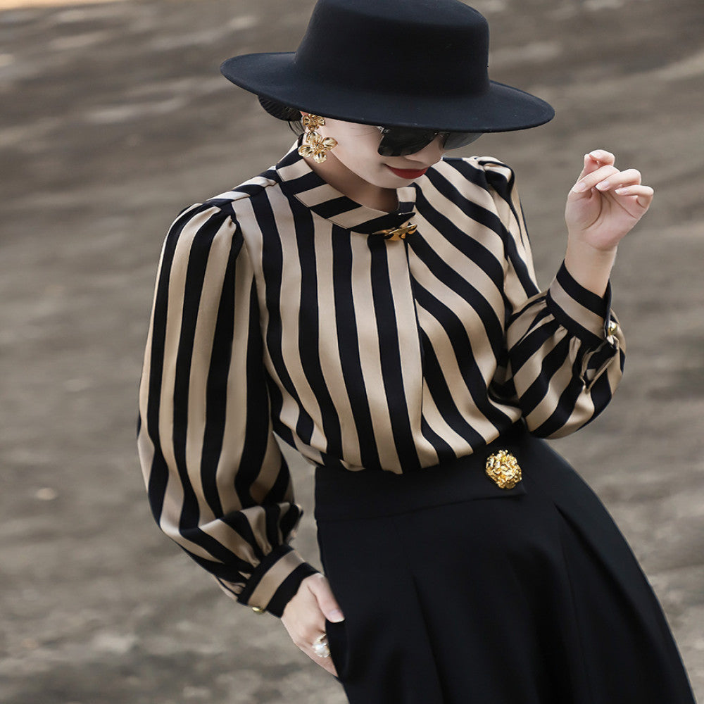 ASAYA2970 Spring new style commuter long-sleeved stand-up collar metal button striped shirt top