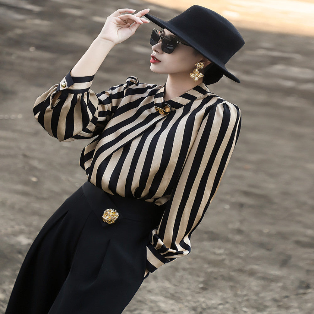 Lanser 2025 early autumn new high end temperament commuter long sleeved stand up collar metal buckle striped shirt top for women image 2