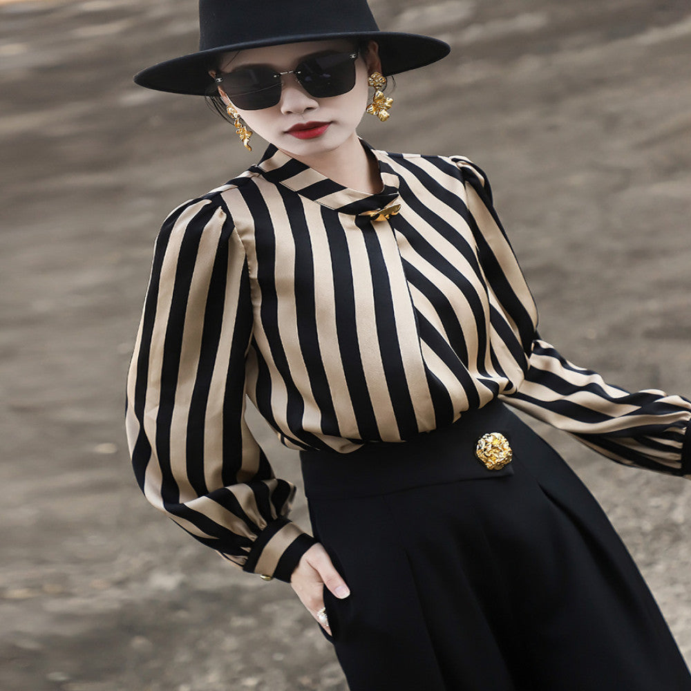 Lanser 2025 early autumn new high end temperament commuter long sleeved stand up collar metal buckle striped shirt top for women image 3