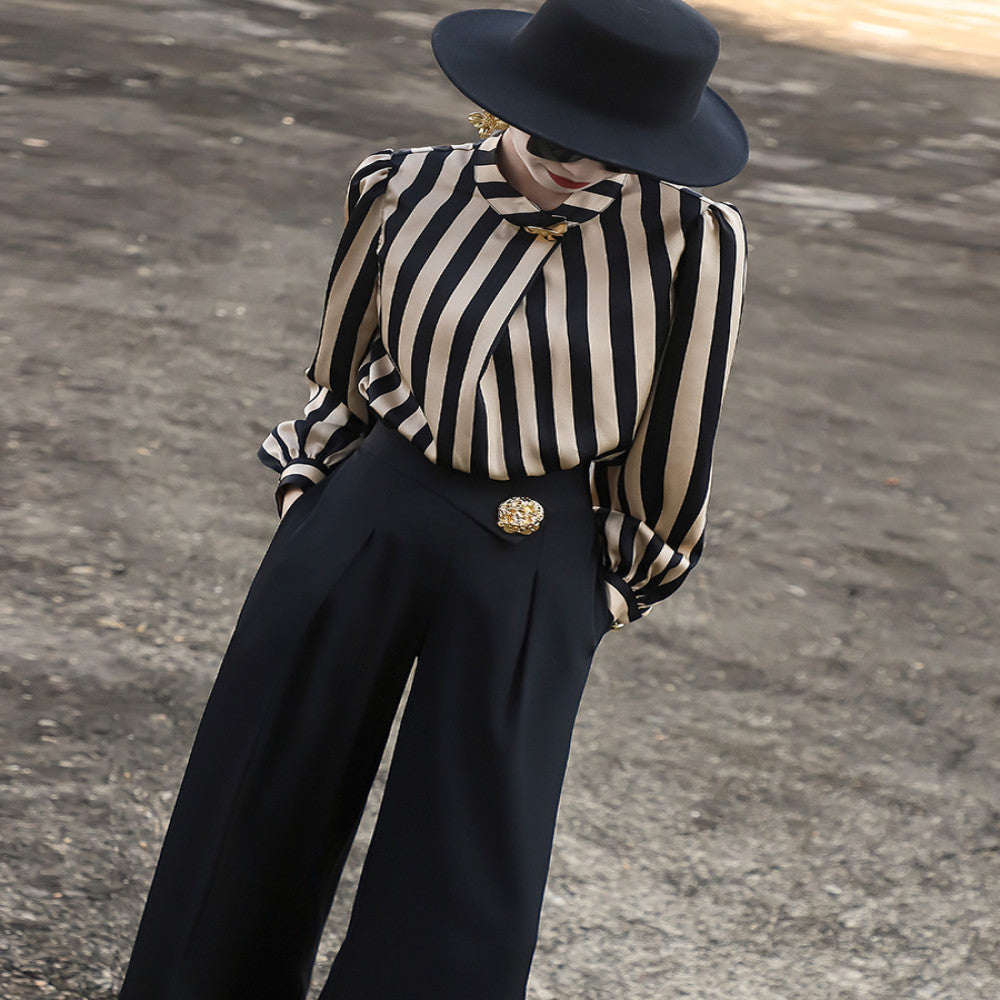 Lanser 2025 early autumn new high end temperament commuter long sleeved stand up collar metal buckle striped shirt top for women image 4