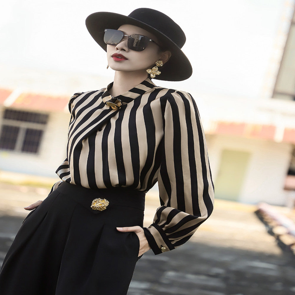 Lanser 2025 early autumn new high end temperament commuter long sleeved stand up collar metal buckle striped shirt top for women image 5