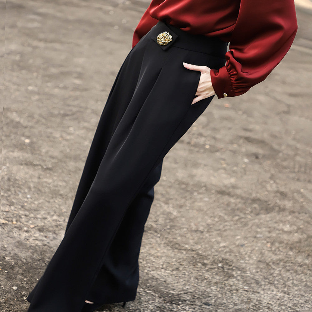 Lanser s 2025 autumn new style exudes a sense of luxury and versatile commuting pants High waisted slim black wide leg pants for women image 5