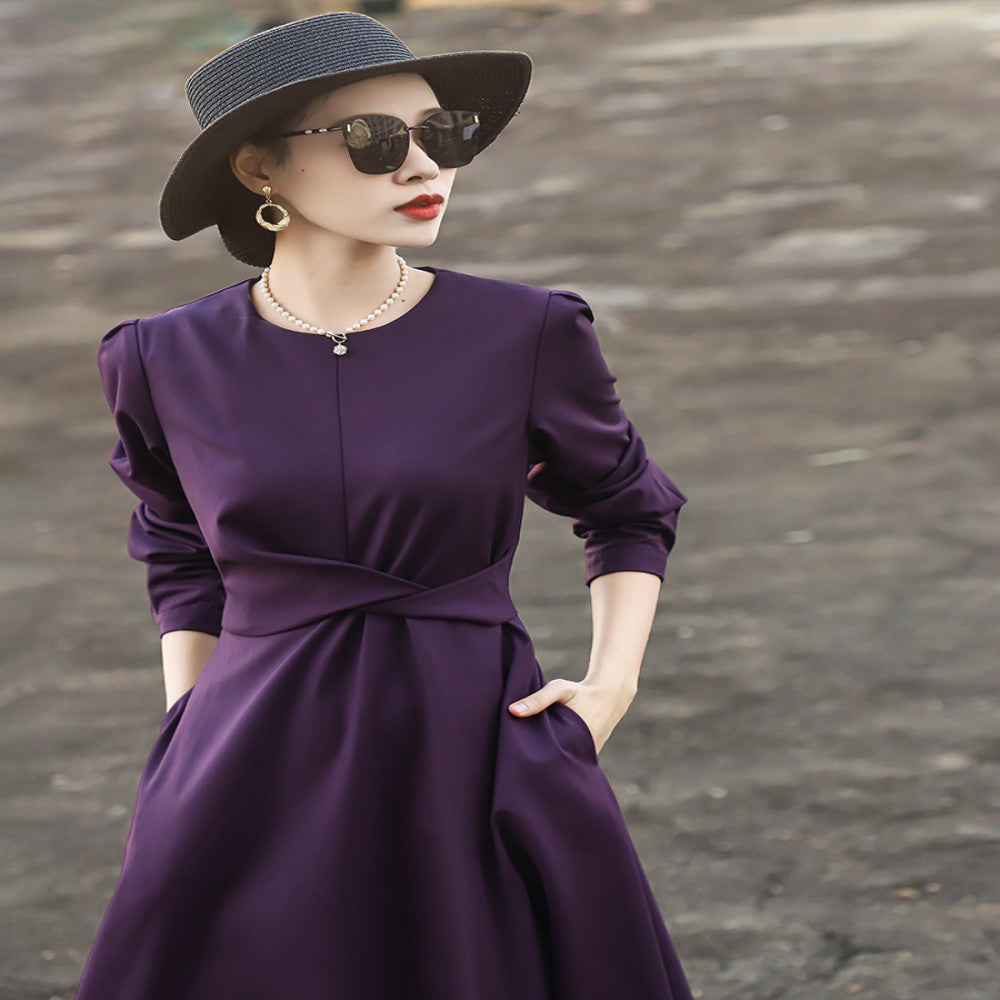 Lanser s 2025 autumn new style exudes a slimming high end light luxury and grand dress Long sleeved purple dress for women image 5