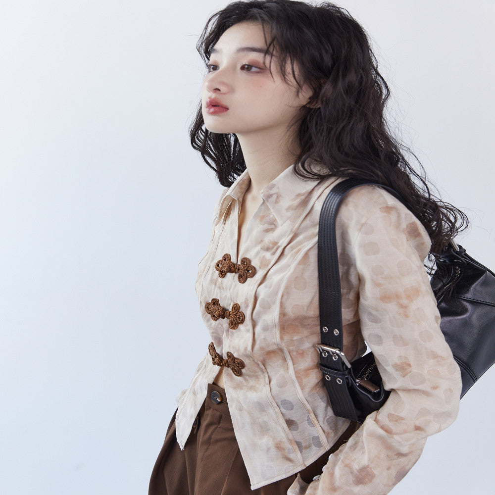 Yuanque Event Original New Chinese Tie Dye Shirt Women s Autumn Design Maillard Button Slim Shirt image 3