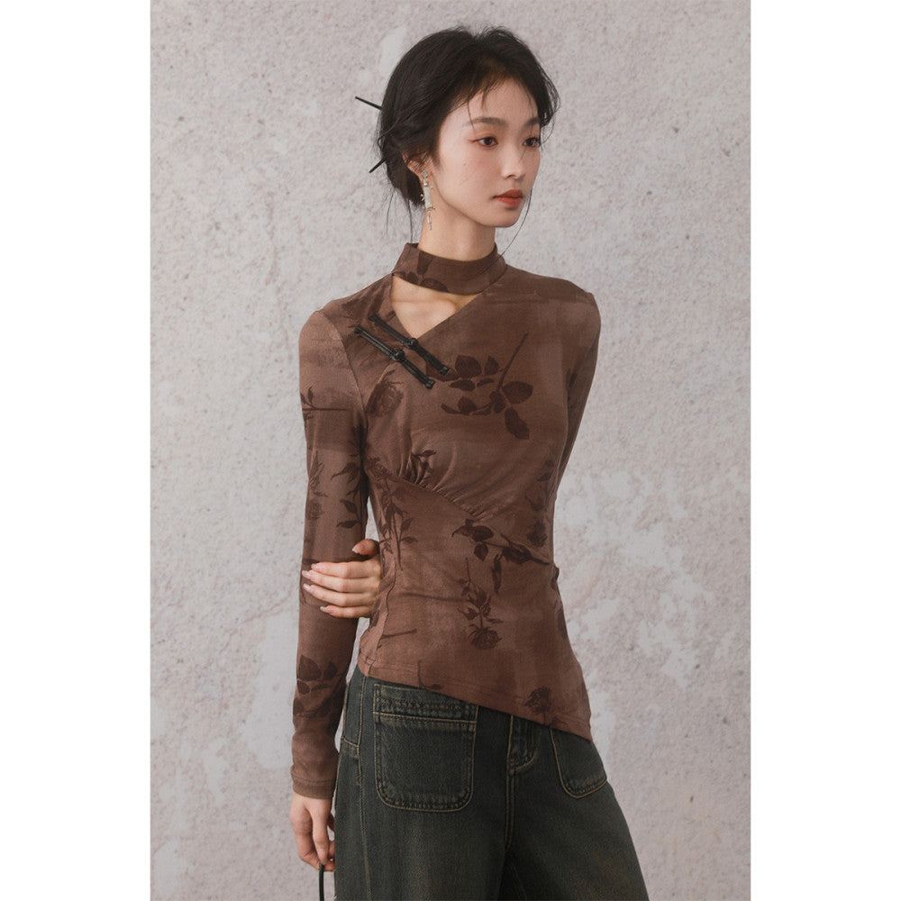 Round and missing INGKO new Chinese autumn style buckle light Chinese style hollow design inkstone gray slimming long sleeved women s top T shirt image 15