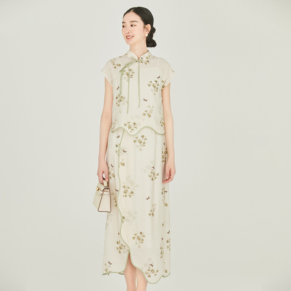 ASAYA2960 Chinese Zen-style printed top and skirt suit