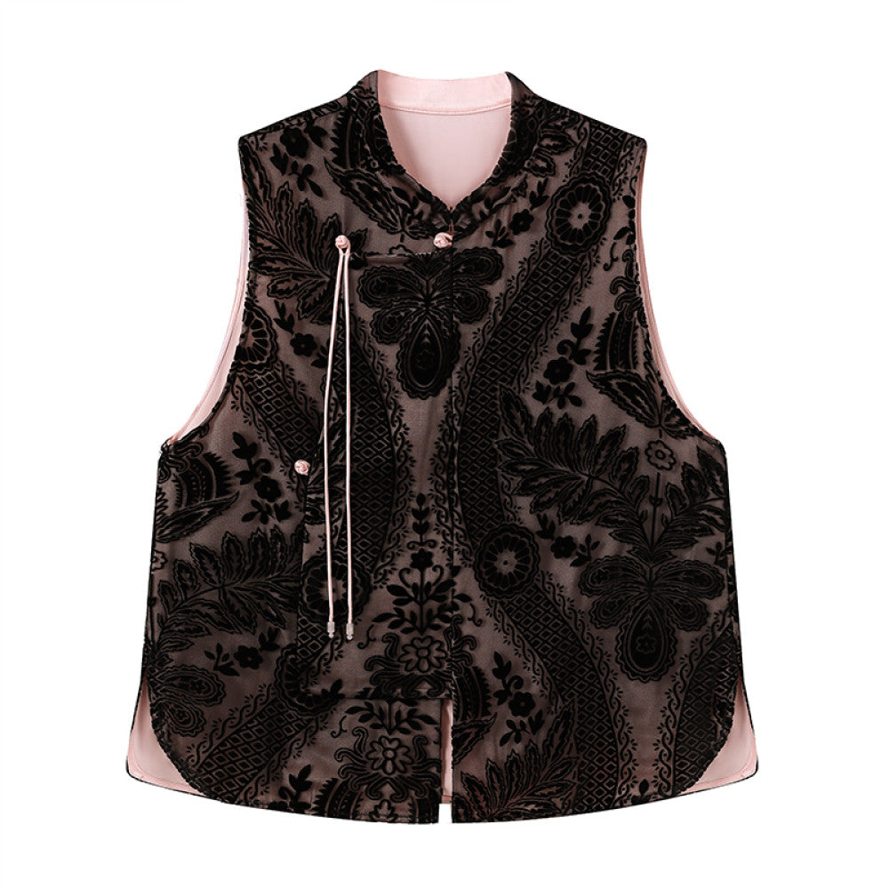 Ruyi Lianyun Spring Summer New Collection Stand up Collar Burnt Velvet Vest Women s Retro New Chinese Style Jade Bead Tassel Shoulder image 11