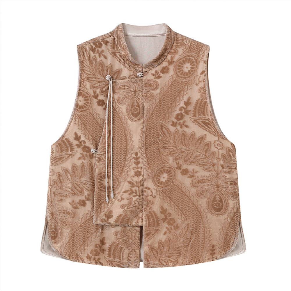 ASAYA2948 Spring New Stand Collar Burnt Flower Velvet Vest