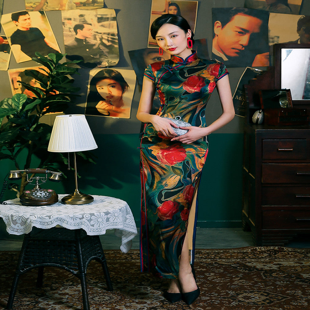 Four Miss Old Shanghai Retro Republic of China Style Silk Cheongsam Mom Long Style Fashion Show Performance High end Atmosphere and Grade image 1