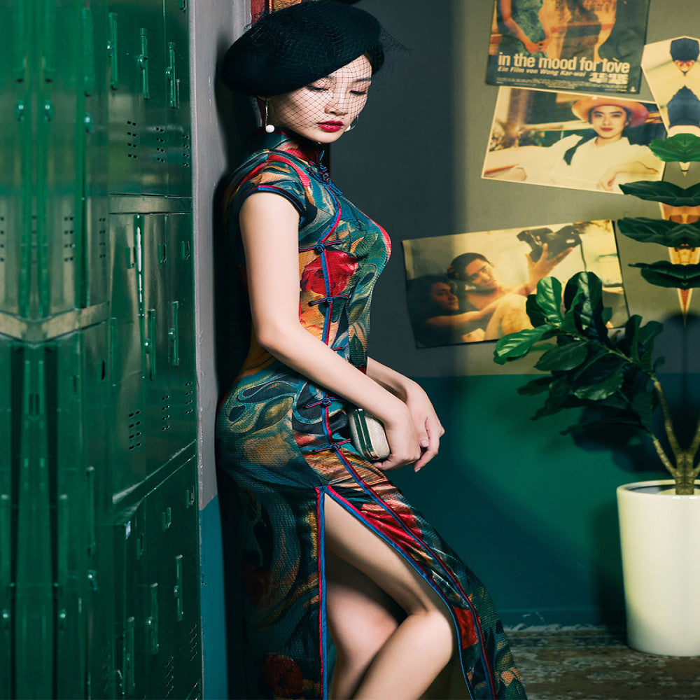 Four Miss Old Shanghai Retro Republic of China Style Silk Cheongsam Mom Long Style Fashion Show Performance High end Atmosphere and Grade image 2