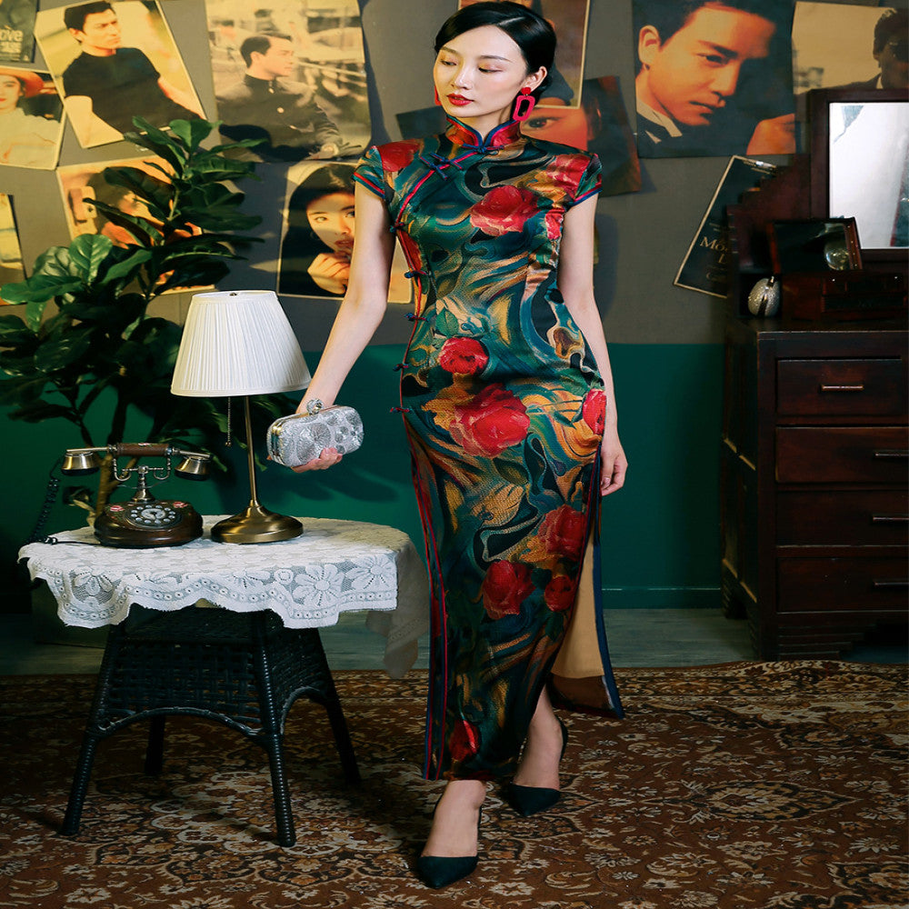 Four Miss Old Shanghai Retro Republic of China Style Silk Cheongsam Mom Long Style Fashion Show Performance High end Atmosphere and Grade image 5