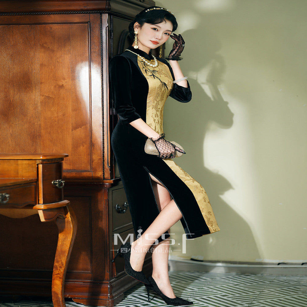 Miss Four s Golden Velvet Large Size Cheongsam Dress New Chinese Long Sleeve New Year s Eve Banquet Hundred Day Banquet Mother s Dress Dress image 3