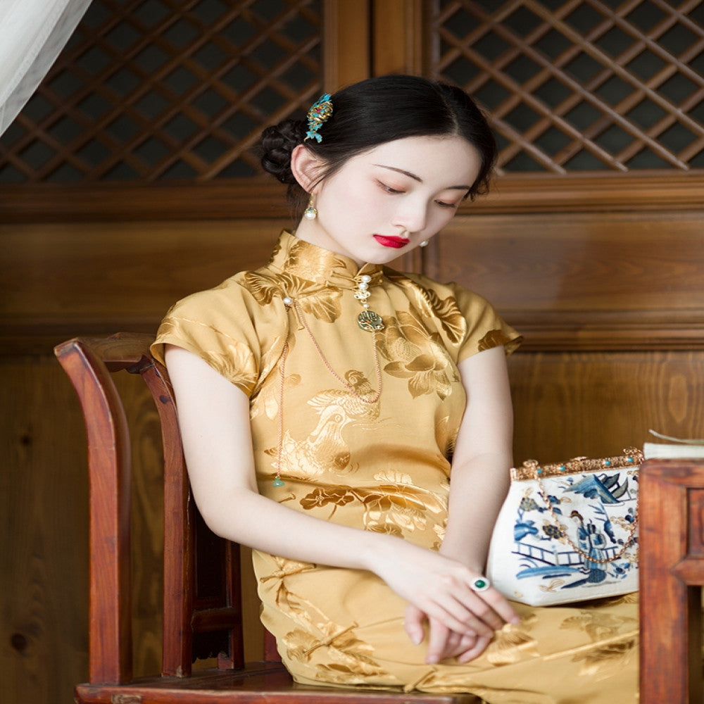 Hometown Dream Seeking One City Style Republic of China Style Jacquard Satin Handmade Plate Buckle Unlimited One Piece Short Cheongsam Original image 1