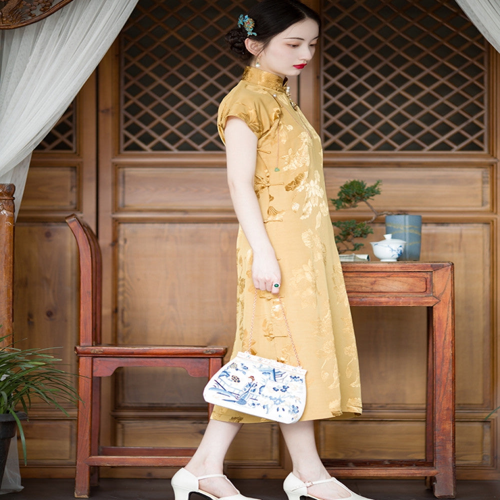 Hometown Dream Seeking One City Style Republic of China Style Jacquard Satin Handmade Plate Buckle Unlimited One Piece Short Cheongsam Original image 2