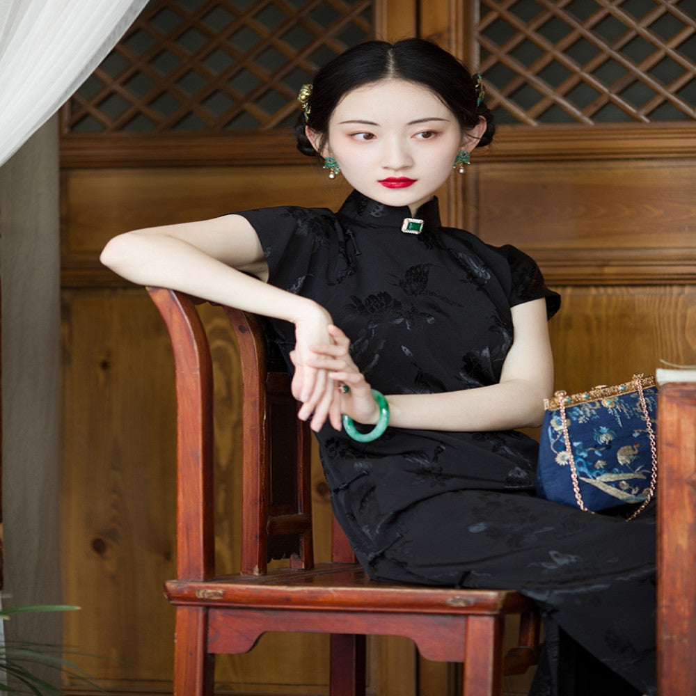 Hometown Dream Seeking One City Style Republic of China Style Jacquard Satin Handmade Plate Buckle Unlimited One Piece Short Cheongsam Original image 3