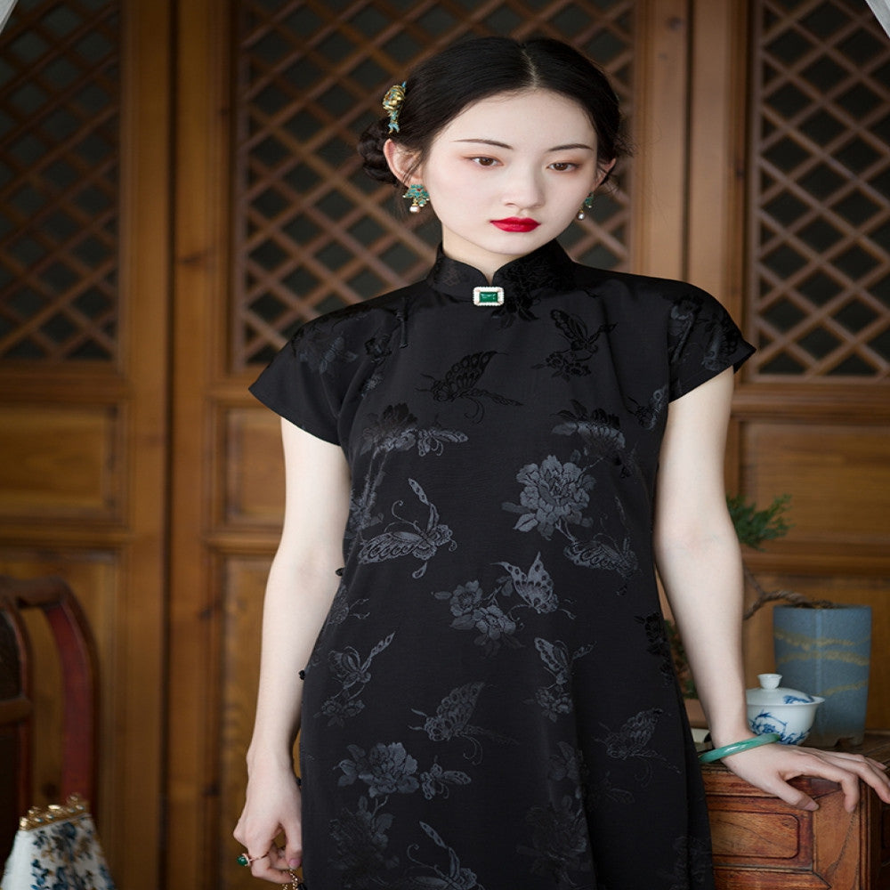 Hometown Dream Seeking One City Style Republic of China Style Jacquard Satin Handmade Plate Buckle Unlimited One Piece Short Cheongsam Original image 4