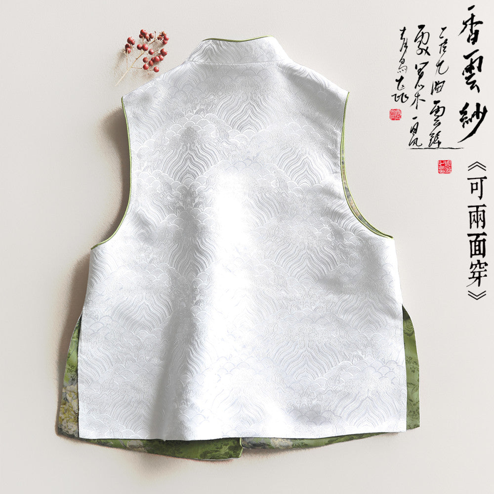 Yun Shu s original brocade splicing and interweaving fragrant cloud gauze wearing Chinese waistcoat on both sides female stand collar China Chic tea dress top image 2