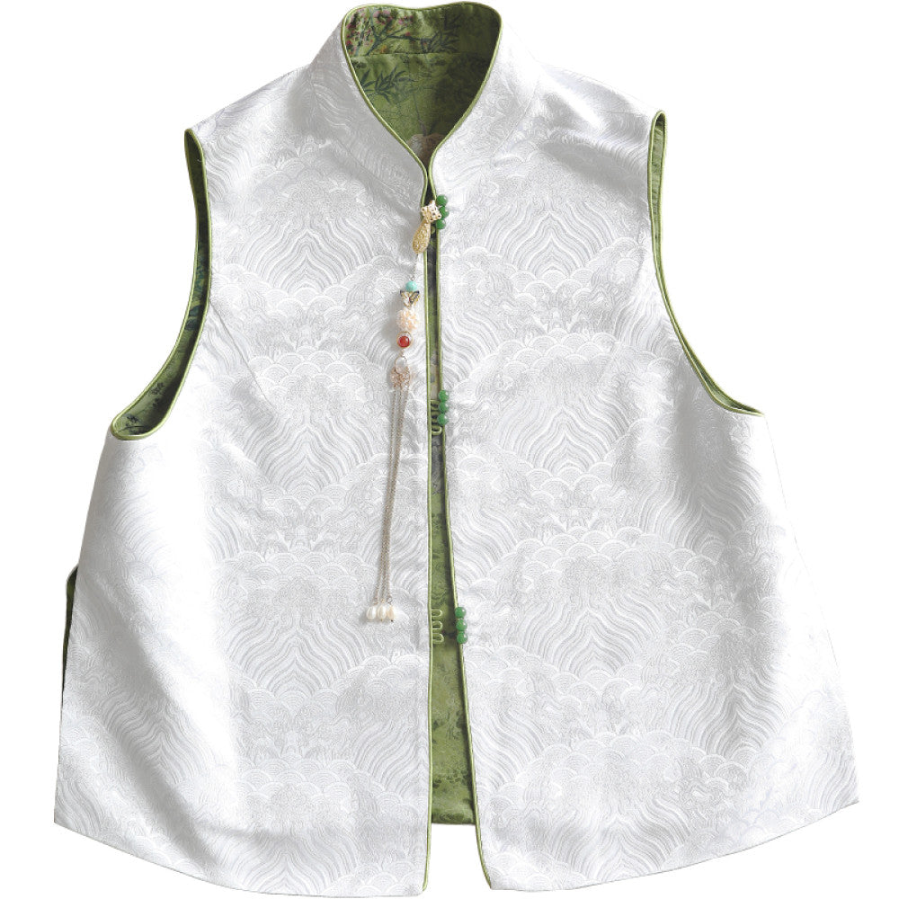Yun Shu s original brocade splicing and interweaving fragrant cloud gauze wearing Chinese waistcoat on both sides female stand collar China Chic tea dress top image 5