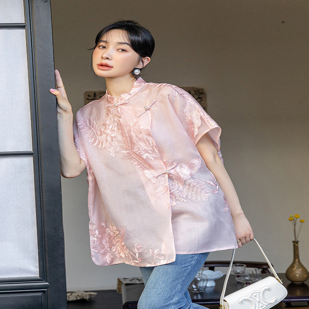 Pink retro embroidered silk shirt for women s summer improved new Chinese style improved loose fit silk top with button closure image 2