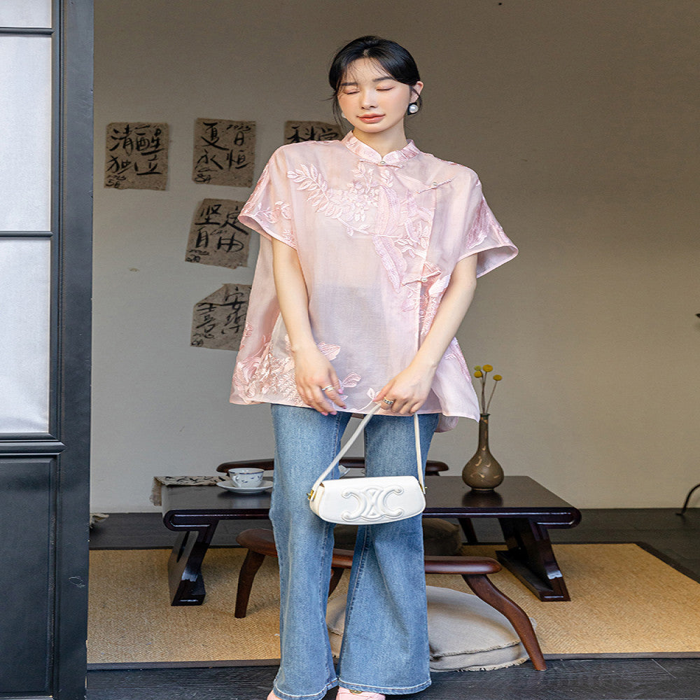 Pink retro embroidered silk shirt for women s summer improved new Chinese style improved loose fit silk top with button closure image 3