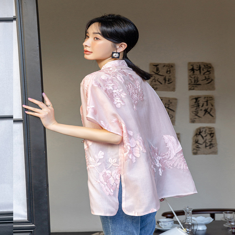 Pink retro embroidered silk shirt for women s summer improved new Chinese style improved loose fit silk top with button closure image 5