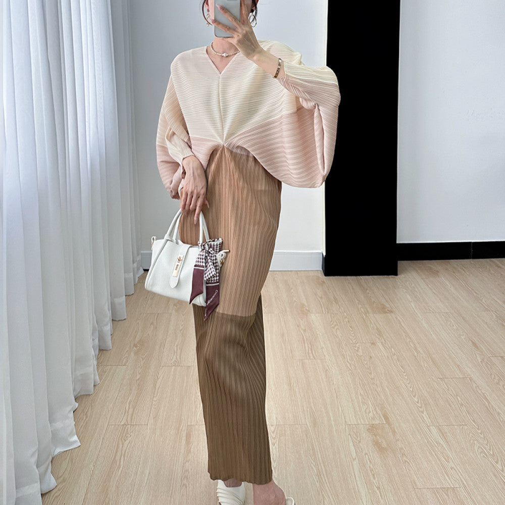 Homestay pleated dress long skirt summer new high end niche temperament color blocking age reducing bat sleeve dress for women thin image 10