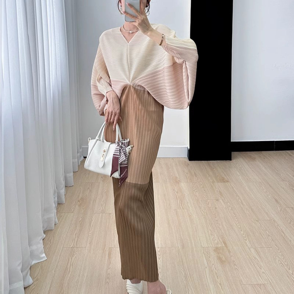 Homestay pleated dress long skirt summer new high end niche temperament color blocking age reducing bat sleeve dress for women thin image 16