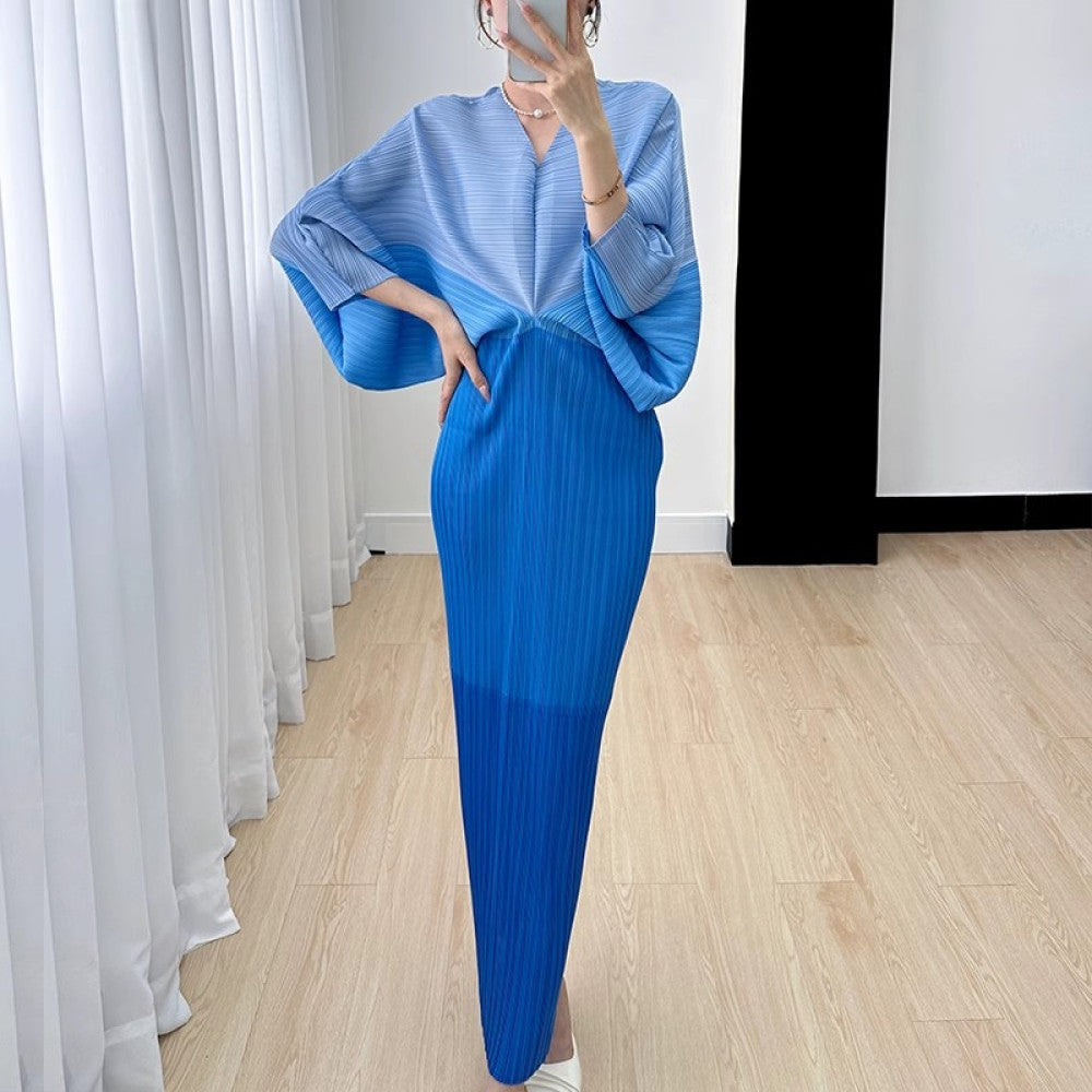 ASAYA2931 Miyake high-end niche temperament color-blocking pleated bat-sleeve dress