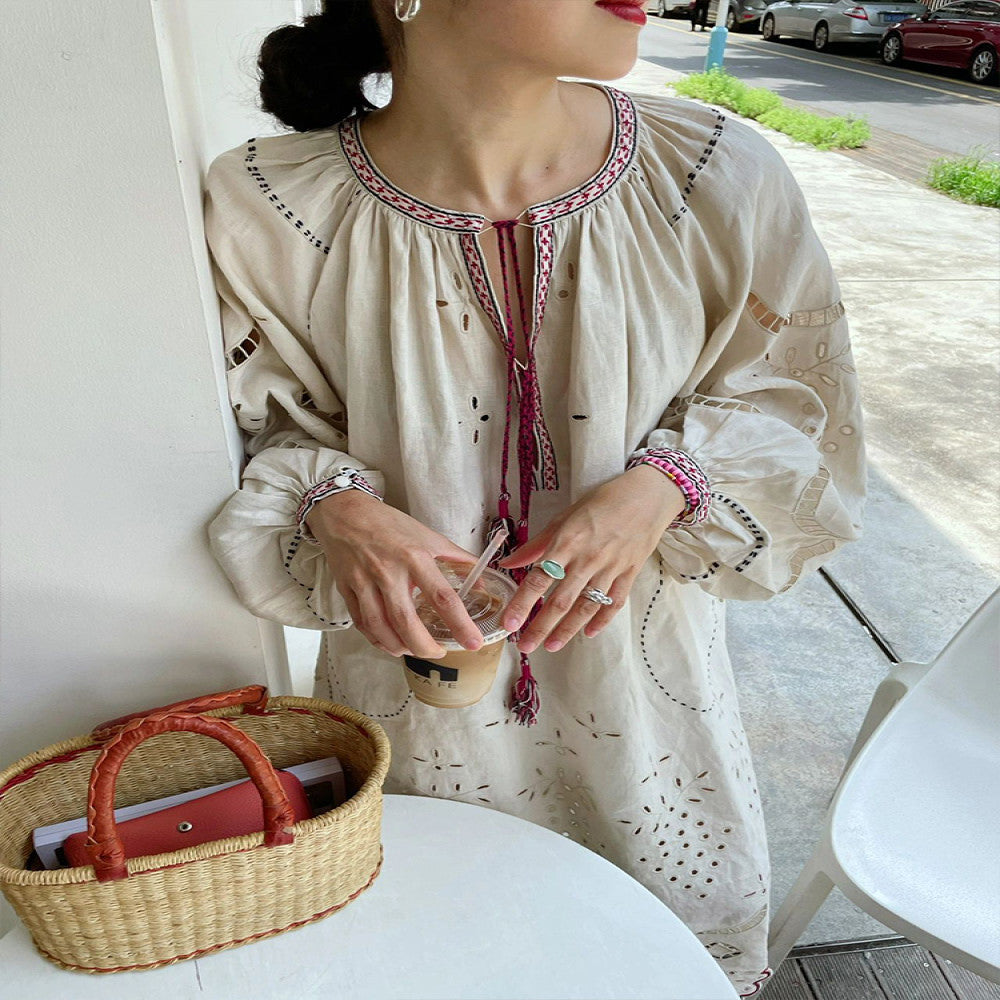 European and American style high end embroidery hook flower hollow out dress for women s summer new style elegant temperament loose cotton and linen long skirt image 3