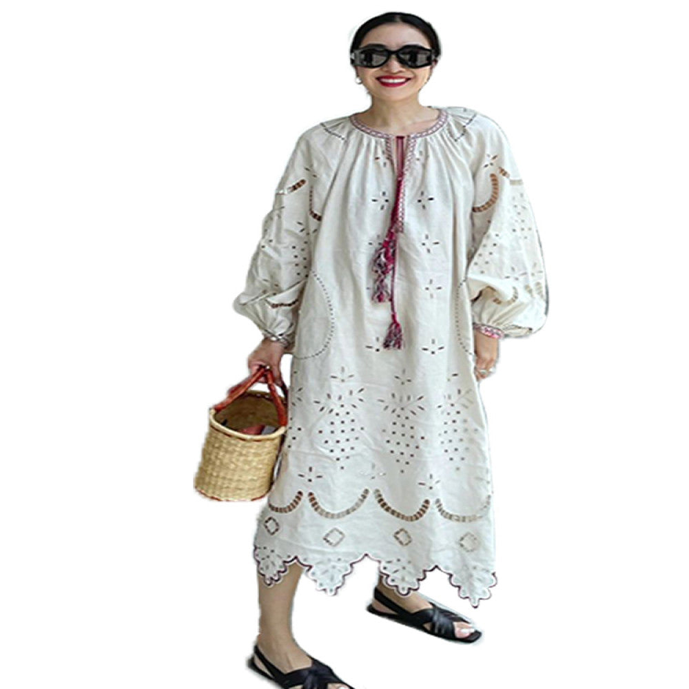 European and American style high end embroidery hook flower hollow out dress for women s summer new style elegant temperament loose cotton and linen long skirt image 5