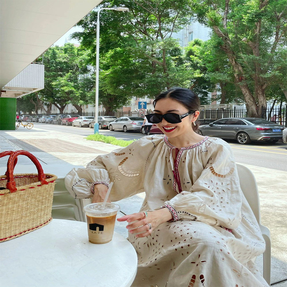 European and American style high end embroidery hook flower hollow out dress for women s summer new style elegant temperament loose cotton and linen long skirt image 0