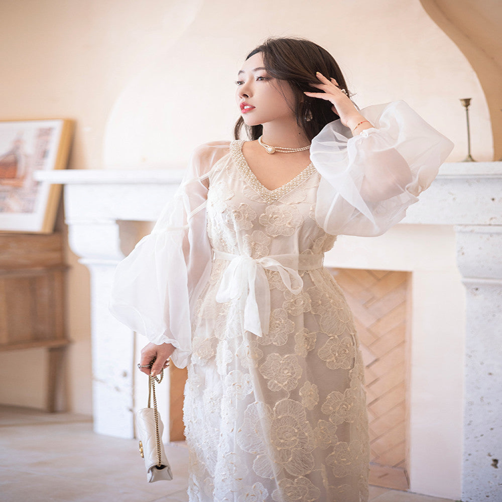 ReVe haute couture niche light luxury high end design white French style bubble sleeve dress women s long style image 1