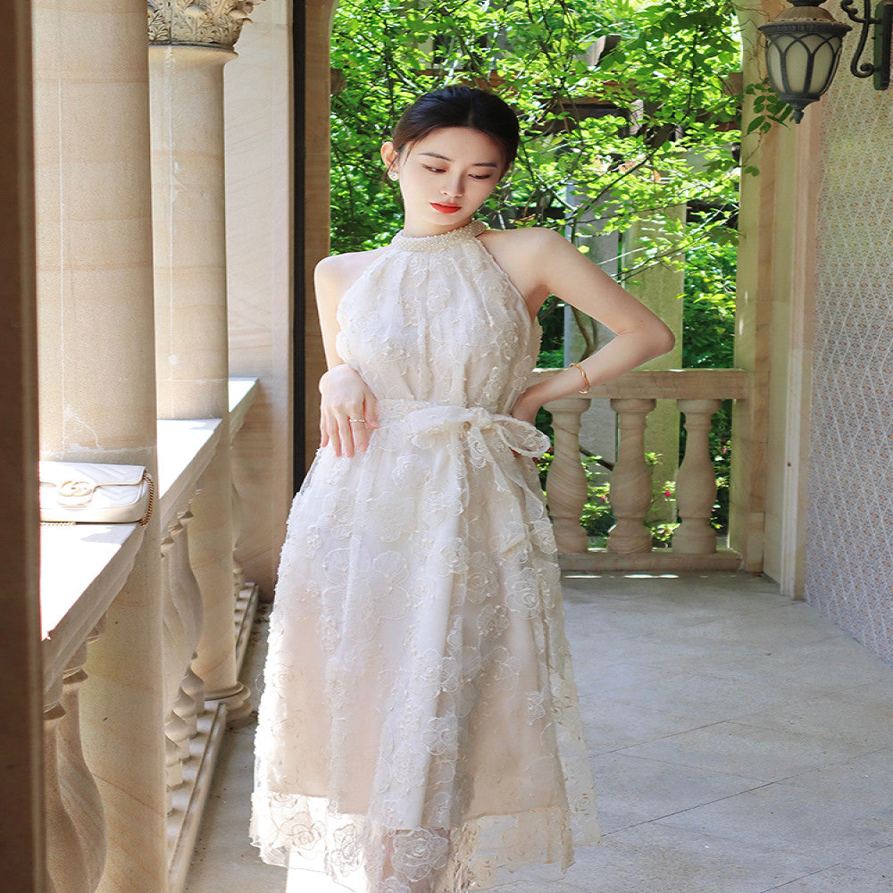 ReVe haute couture niche light luxury high end design white French style bubble sleeve dress women s long style image 2