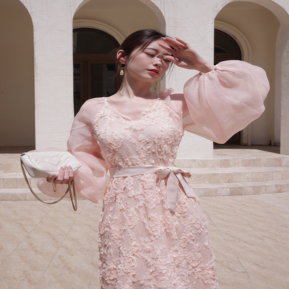 ReVe haute couture niche light luxury high end design white French style bubble sleeve dress women s long style image 3