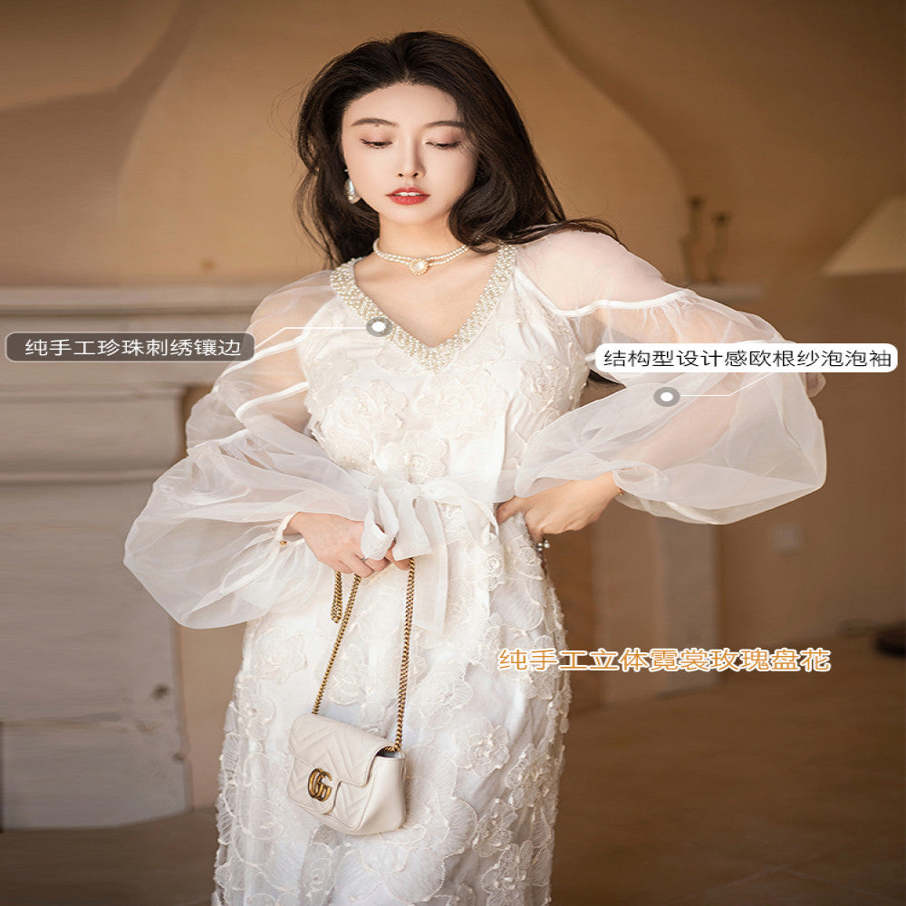 ReVe haute couture niche light luxury high end design white French style bubble sleeve dress women s long style image 4