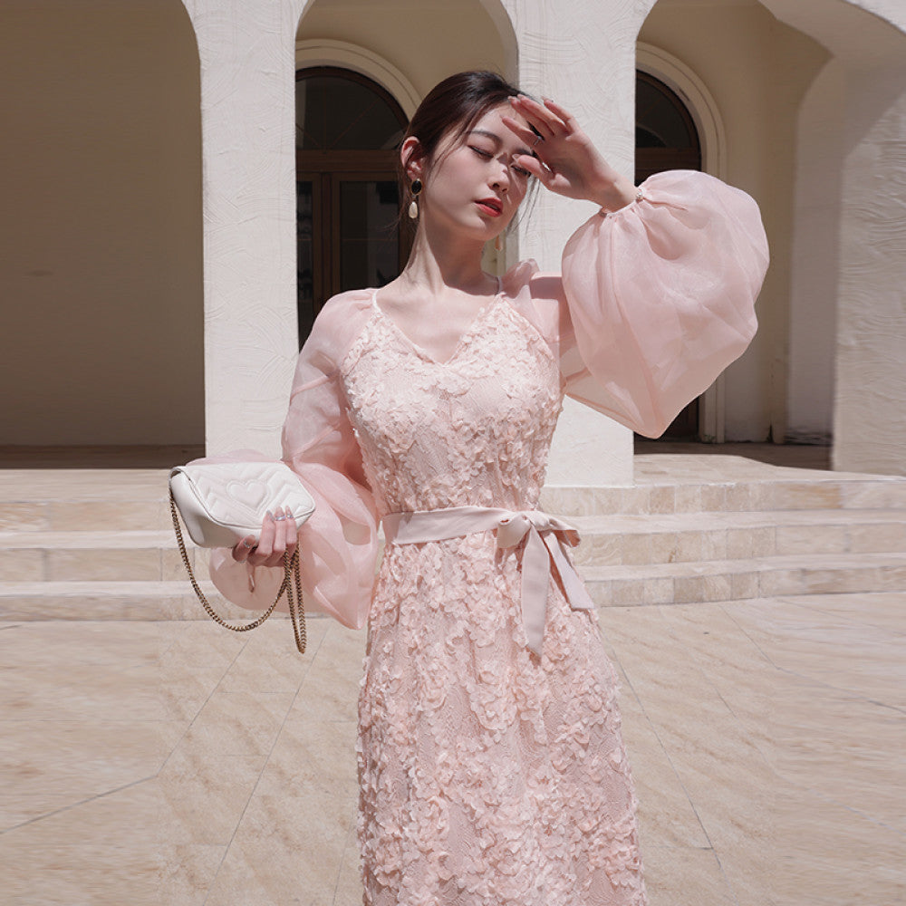 ReVe haute couture niche light luxury high end design white French style bubble sleeve dress women s long style image 25