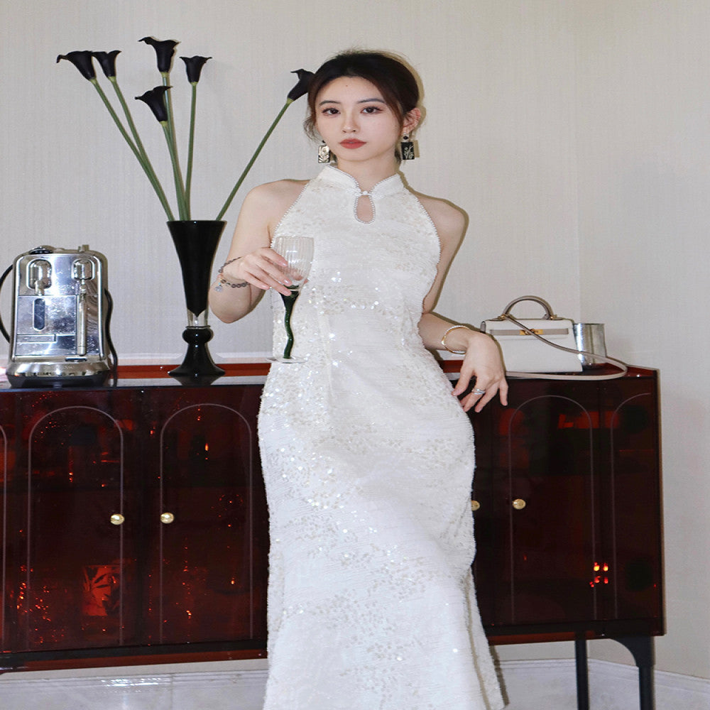 ReVe High Ding Lanling Princess Sparkling Waist Strap Skirt Women s Chiffon Engagement Toast Dress New Chinese Cheongsam image 1