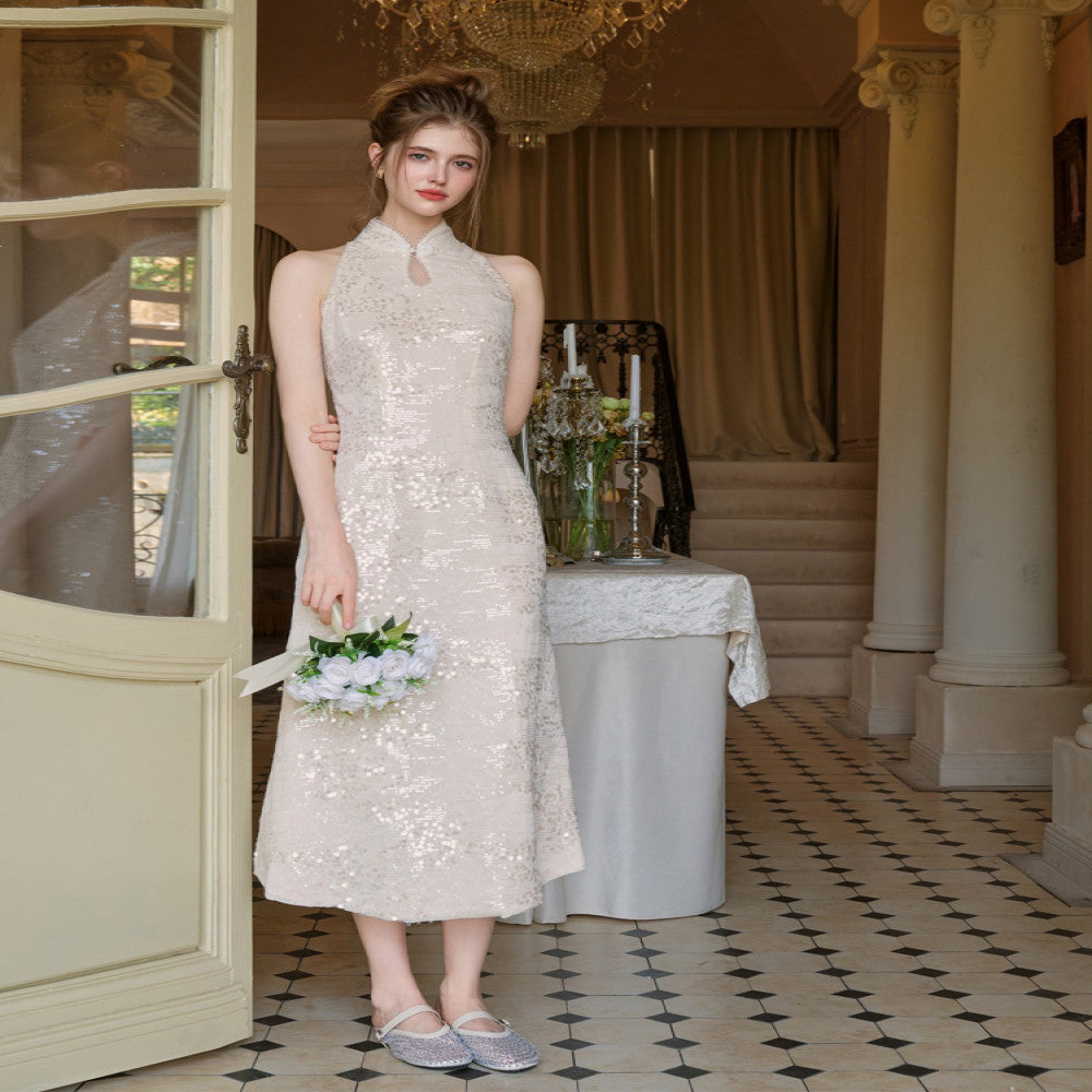 ReVe High Ding Lanling Princess Sparkling Waist Strap Skirt Women s Chiffon Engagement Toast Dress New Chinese Cheongsam image 4